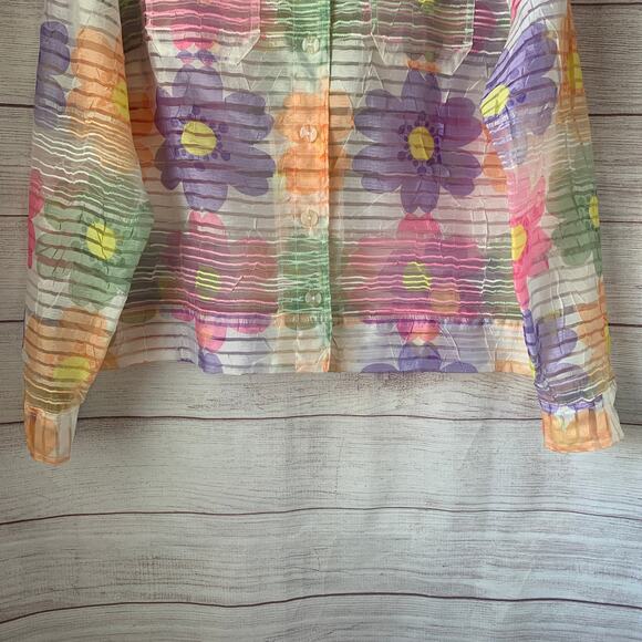 Erin London Pastel Floral Sheer Textured Button Down Jacket Spring Shirt Size L - Picture 4 of 16
